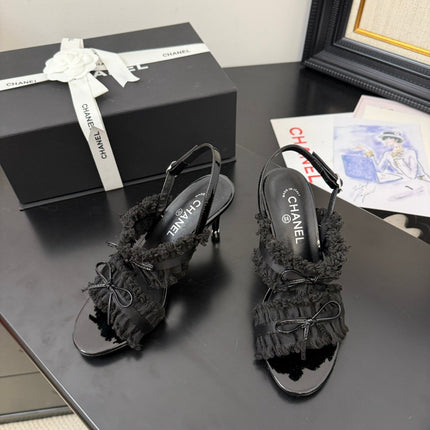 BLACK GROSGRAIN CANVAS BOW SLINGBACK SANDALS