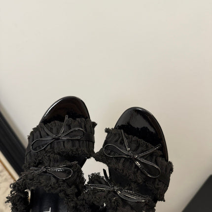 BLACK GROSGRAIN CANVAS BOW SLINGBACK SANDALS