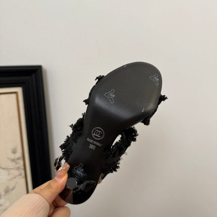 BLACK GROSGRAIN CANVAS BOW SLINGBACK SANDALS