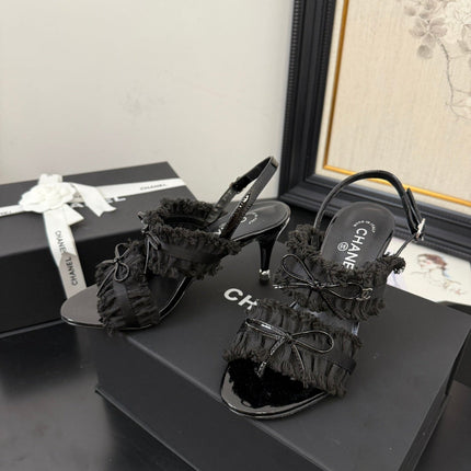 BLACK GROSGRAIN CANVAS BOW SLINGBACK SANDALS