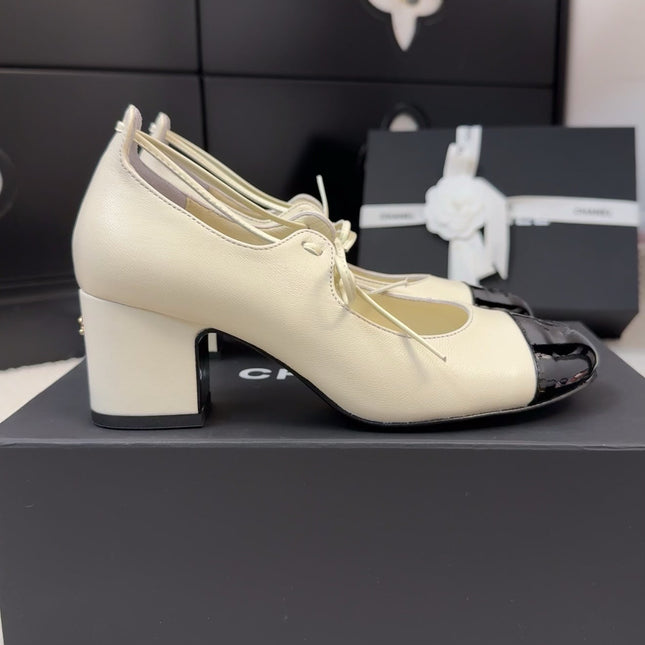 MARY JANE PUMPS 55 MM IN WHITE MIX BLACK LAMBSKIN