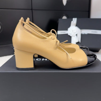 MARY JANE PUMPS 55 MM IN SAND YELLOW MIX BLACK LAMBSKIN
