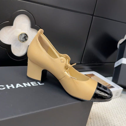 MARY JANE PUMPS 55 MM IN SAND YELLOW MIX BLACK LAMBSKIN