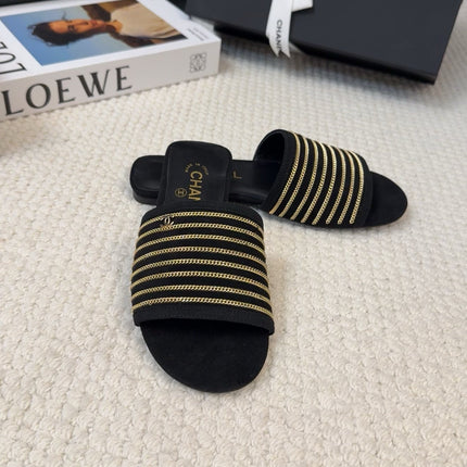 FLAT SLIDE IN BLACK SUEDE WITH GOLD CRYSTALS
