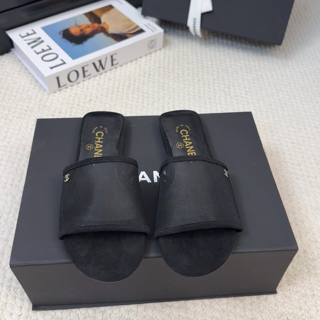 FLAT SLIDE IN BLACK MESH AND SUEDE