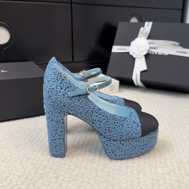 FLATFORM SANDAL IN AEGEAN BLUE TWEED AND BLACK FABRIC