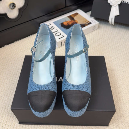 FLATFORM SANDAL IN AEGEAN BLUE TWEED AND BLACK FABRIC