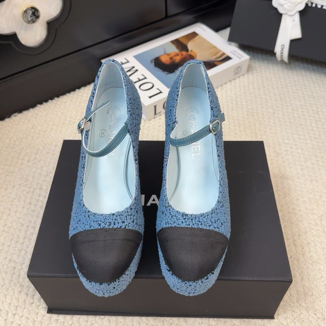 FLATFORM SANDAL IN AEGEAN BLUE TWEED AND BLACK FABRIC