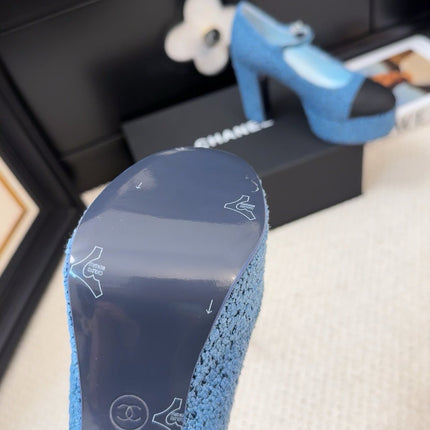 FLATFORM SANDAL IN AEGEAN BLUE TWEED AND BLACK FABRIC