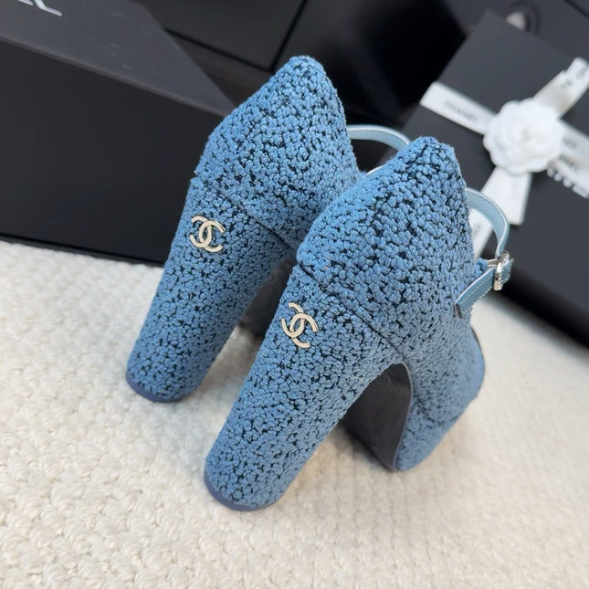 FLATFORM SANDAL IN AEGEAN BLUE TWEED AND BLACK FABRIC