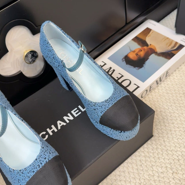 FLATFORM SANDAL IN AEGEAN BLUE TWEED AND BLACK FABRIC