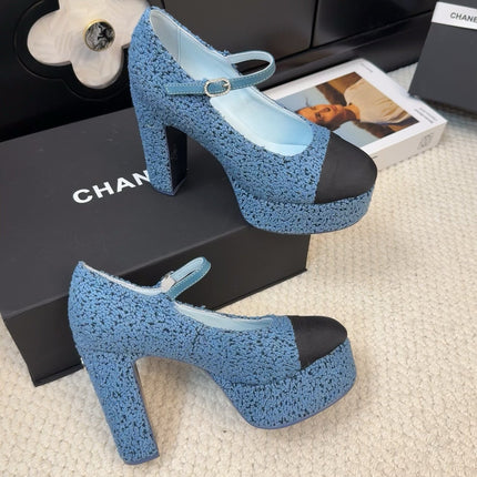 FLATFORM SANDAL IN AEGEAN BLUE TWEED AND BLACK FABRIC