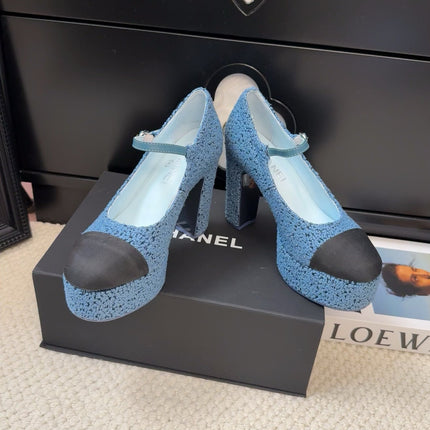 FLATFORM SANDAL IN AEGEAN BLUE TWEED AND BLACK FABRIC