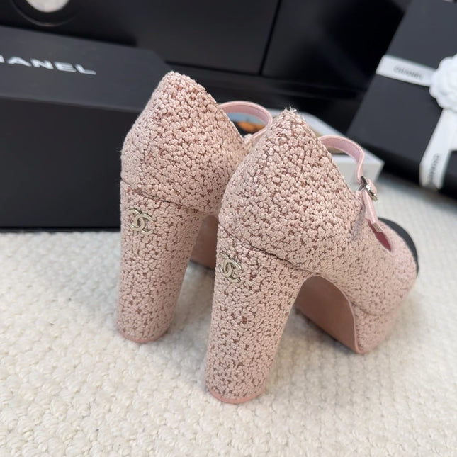 FLATFORM SANDAL IN LIGHT PINK TWEED AND BLACK FABRIC