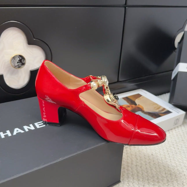 MARY JANE SHOES IN RUBY RED PATENT CALFSKIN 55 MM
