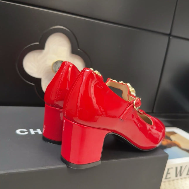 MARY JANE SHOES IN RUBY RED PATENT CALFSKIN 55 MM