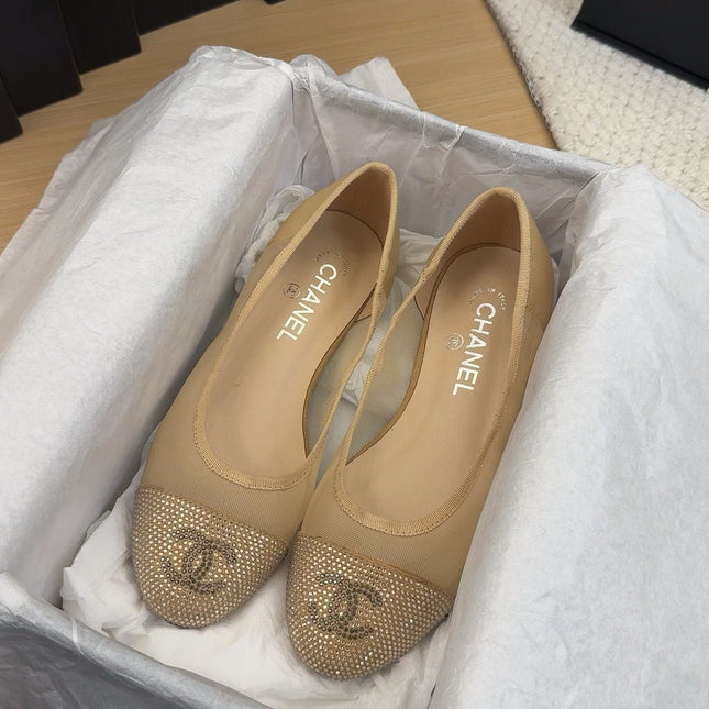 BALLET FLAT IN CAMEL BEIGE FABRIC AND MESH WITH CRYSTALS