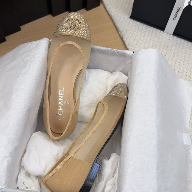 BALLET FLAT IN CAMEL BEIGE FABRIC AND MESH WITH CRYSTALS