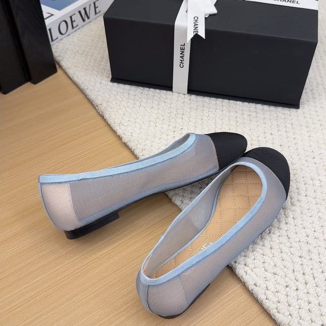 BALLET FLAT IN BLACK FABRIC AND BABY BLUE MESH