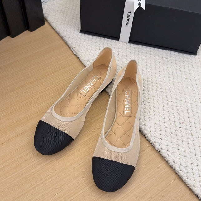 BALLET FLAT IN BLACK FABRIC AND BEIGE MESH
