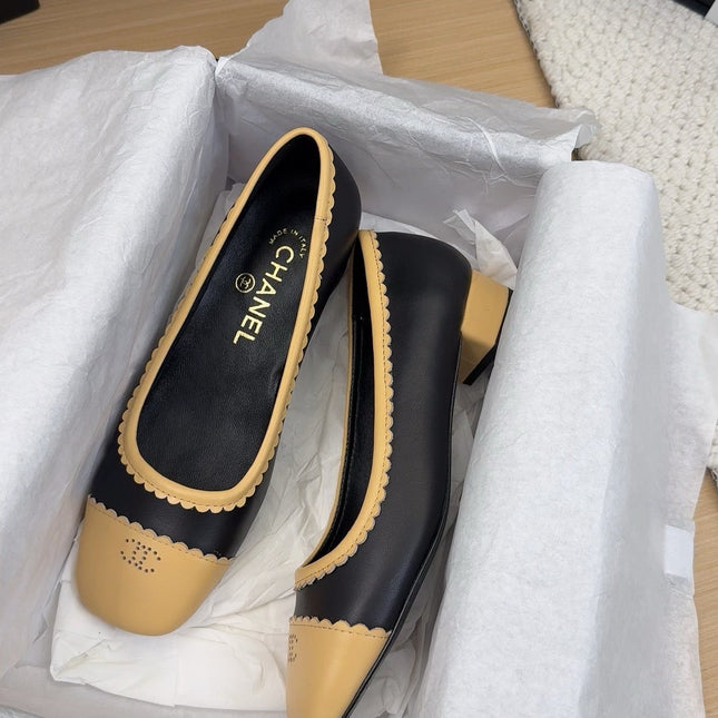 BALLET FLAT IN BLACK MIX PEANUT BROWN CALFSKIN