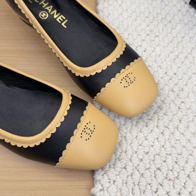 BALLET FLAT IN BLACK MIX PEANUT BROWN CALFSKIN