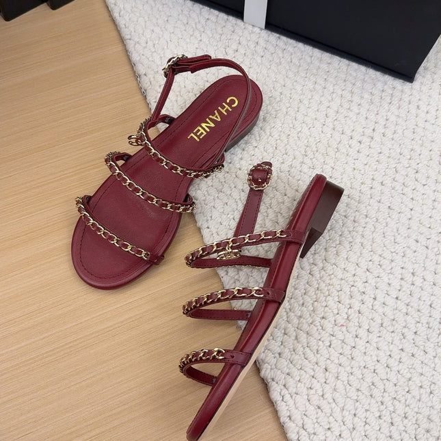 THREE-STRAPS SANDALS IN JAM RED CALFSKIN WITH GOLD HARDWARE