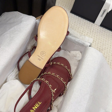 THREE-STRAPS SANDALS IN JAM RED CALFSKIN WITH GOLD HARDWARE