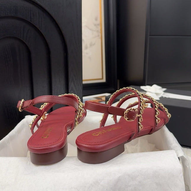THREE-STRAPS SANDALS IN JAM RED CALFSKIN WITH GOLD HARDWARE