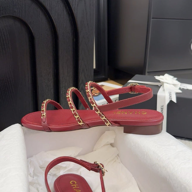 THREE-STRAPS SANDALS IN JAM RED CALFSKIN WITH GOLD HARDWARE