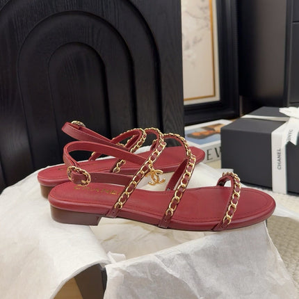THREE-STRAPS SANDALS IN JAM RED CALFSKIN WITH GOLD HARDWARE