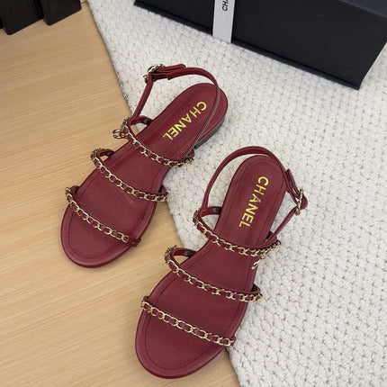 THREE-STRAPS SANDALS IN JAM RED CALFSKIN WITH GOLD HARDWARE