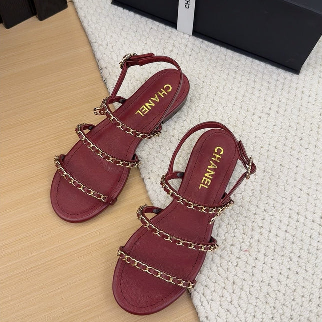 THREE-STRAPS SANDALS IN JAM RED CALFSKIN WITH GOLD HARDWARE