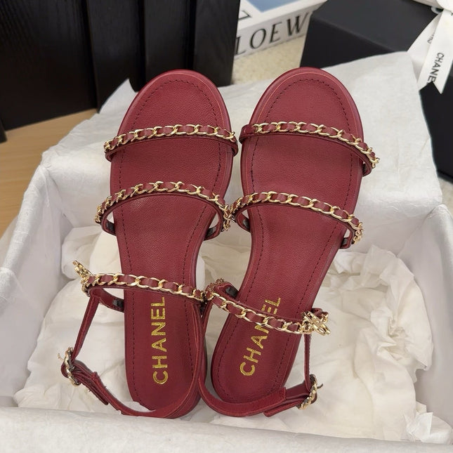 THREE-STRAPS SANDALS IN JAM RED CALFSKIN WITH GOLD HARDWARE