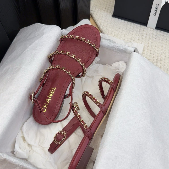 THREE-STRAPS SANDALS IN JAM RED CALFSKIN WITH GOLD HARDWARE
