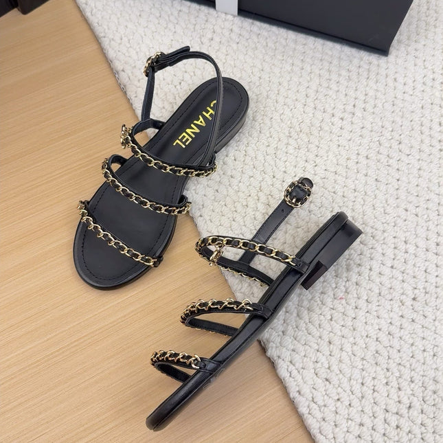 THREE-STRAPS SANDALS IN BLACK CALFSKIN WITH GOLD HARDWARE