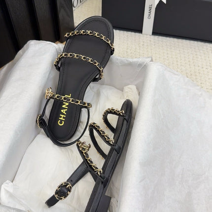 THREE-STRAPS SANDALS IN BLACK CALFSKIN WITH GOLD HARDWARE