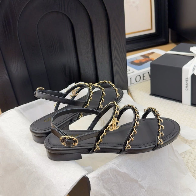 THREE-STRAPS SANDALS IN BLACK CALFSKIN WITH GOLD HARDWARE