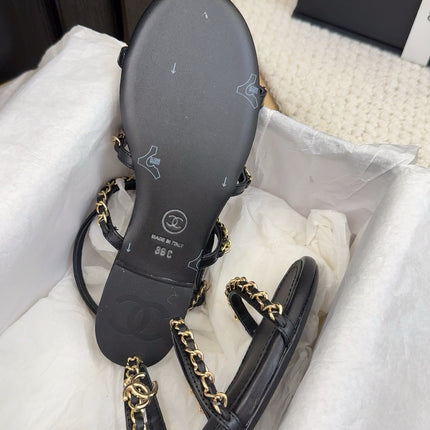 THREE-STRAPS SANDALS IN BLACK CALFSKIN WITH GOLD HARDWARE