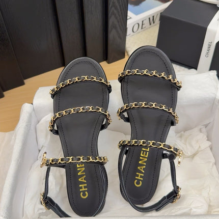 THREE-STRAPS SANDALS IN BLACK CALFSKIN WITH GOLD HARDWARE