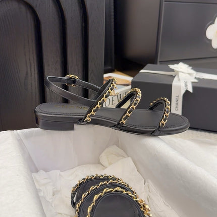 THREE-STRAPS SANDALS IN BLACK CALFSKIN WITH GOLD HARDWARE