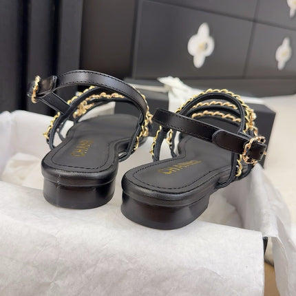 THREE-STRAPS SANDALS IN BLACK CALFSKIN WITH GOLD HARDWARE