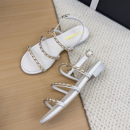 THREE-STRAPS SANDALS IN WHITE CALFSKIN WITH GOLD HARDWARE