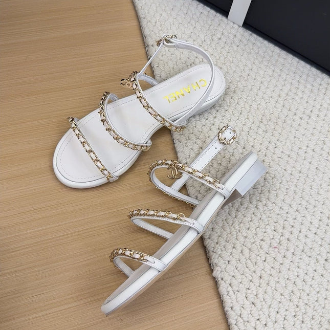 THREE-STRAPS SANDALS IN WHITE CALFSKIN WITH GOLD HARDWARE