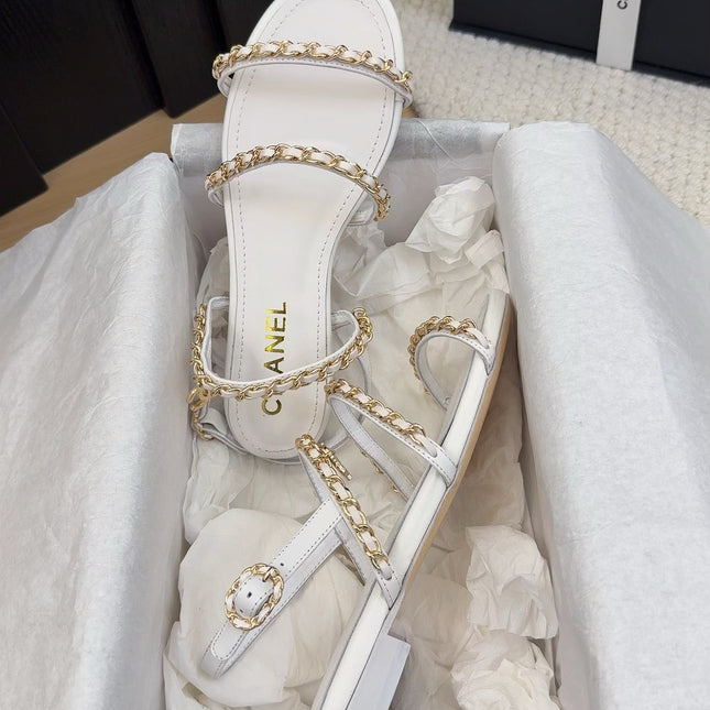 THREE-STRAPS SANDALS IN WHITE CALFSKIN WITH GOLD HARDWARE
