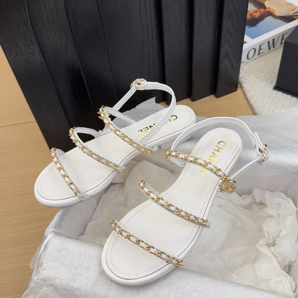 THREE-STRAPS SANDALS IN WHITE CALFSKIN WITH GOLD HARDWARE