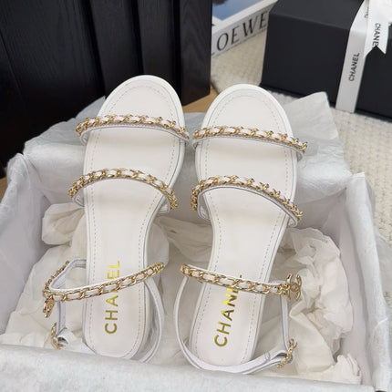 THREE-STRAPS SANDALS IN WHITE CALFSKIN WITH GOLD HARDWARE