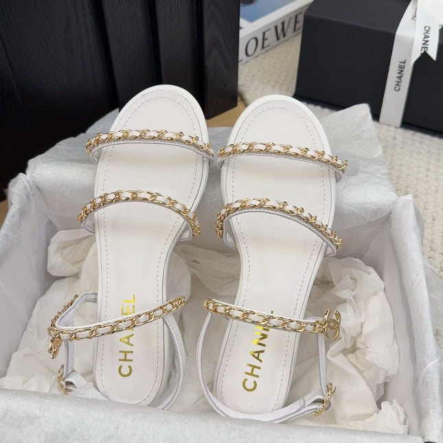 THREE-STRAPS SANDALS IN WHITE CALFSKIN WITH GOLD HARDWARE