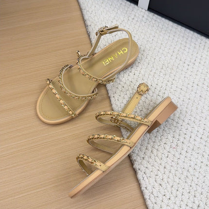 THREE-STRAPS SANDALS IN SAND YELLOW CALFSKIN WITH GOLD HARDWARE