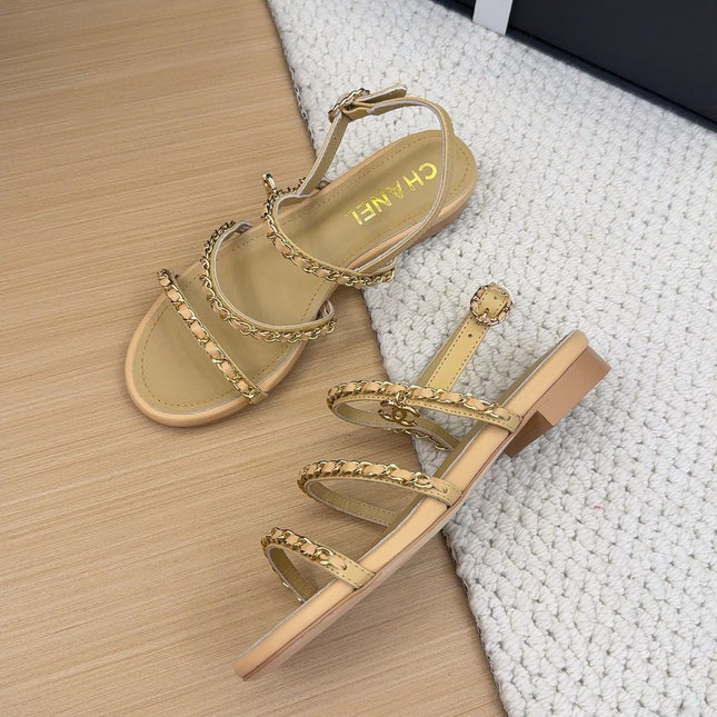 THREE-STRAPS SANDALS IN SAND YELLOW CALFSKIN WITH GOLD HARDWARE
